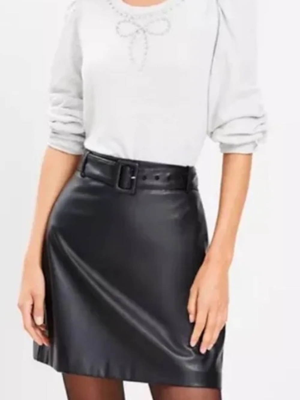 LOFT Black Faux Leather A-Line Belted Mini Skirt